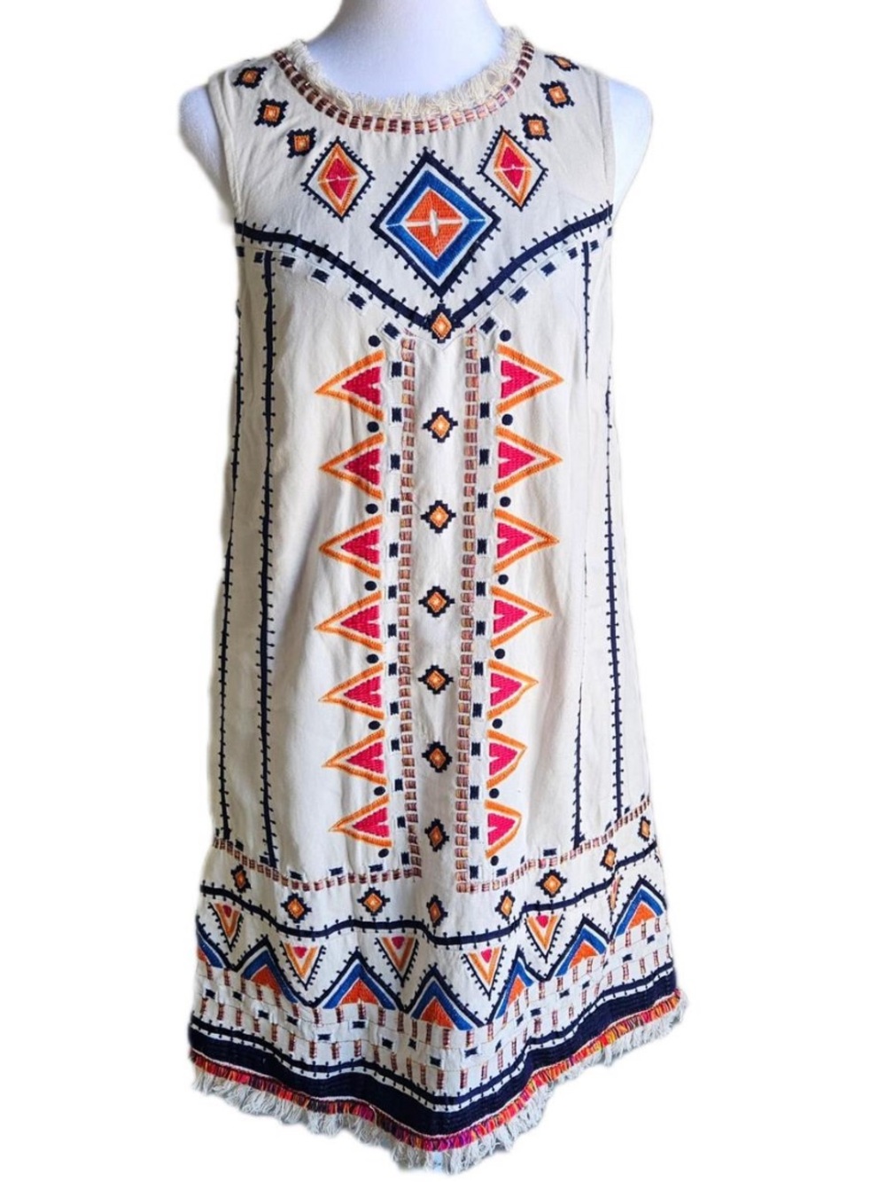 Anthropologie Akemi and Kin Embroidered Ivory Tank Dress with Geometric Print